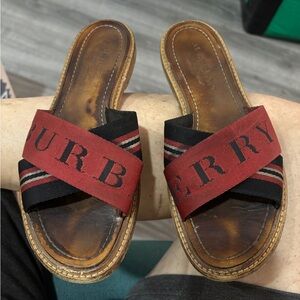 Burberry Red/Black Canvas & Leather Foley Logo Stripe Crisscross Sandals 7/8